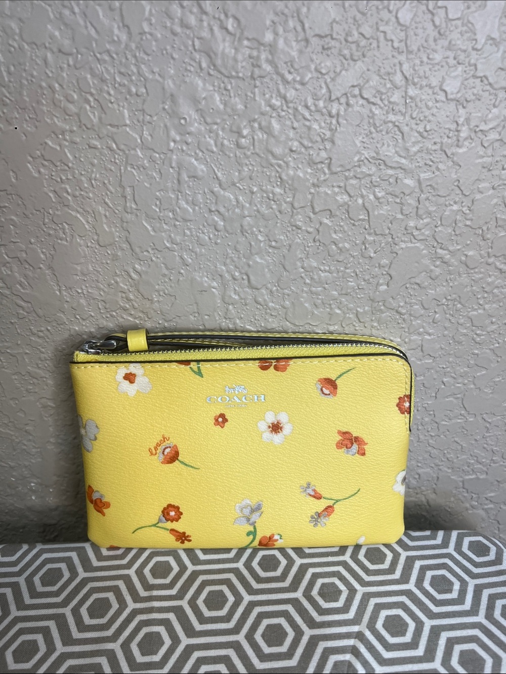 Coach Yellow Floral Double Zip Coin Pouch